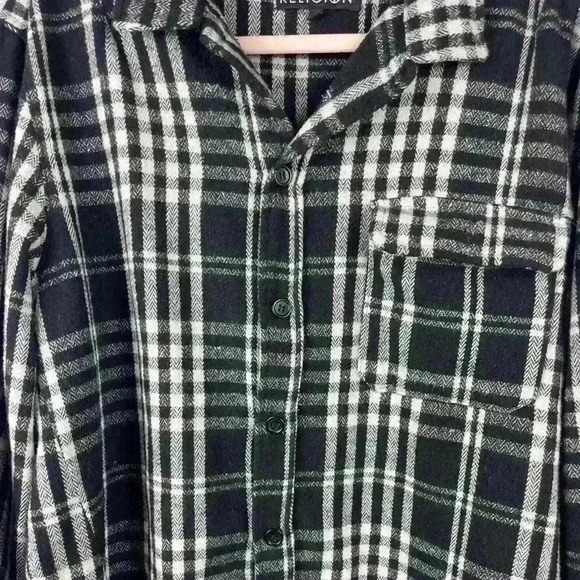 RELIGION Plaid Button Up Womens XL Black/White Long Sleeve Front Pocket Patch - Picture 2 of 10